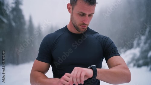 Man Checking Smartwatch in Snowy Winter Landscape.