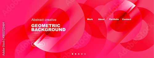 Abstract geometric background. Pink, turquoise hues blend. Navigation menu present. Modern design elements visible. Simple, clean aesthetic.