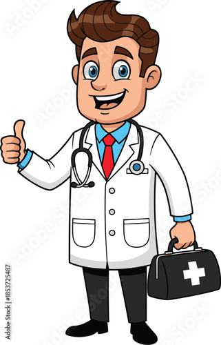 Cartoon doctor, medical bag, stethoscope, white coat, smiling physician, healthcare character, thumbs up, hospital staff, flat vector illustration