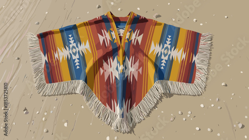 Colorful poncho spread out on sandy beach background  