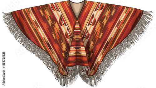 Poncho spread out with colorful patterns and fringes on white background  
