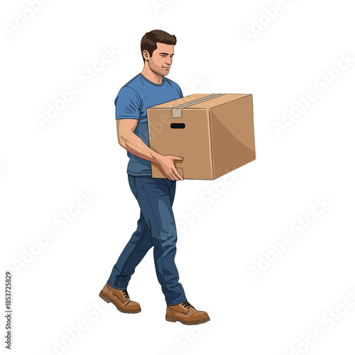 Man holding moving box and walking in casual attire indoors  