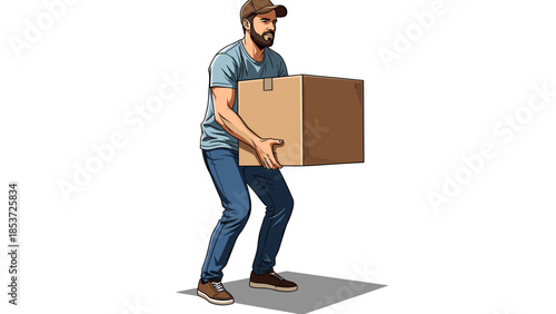 Man holding moving box while lifting in casual attire on white background  