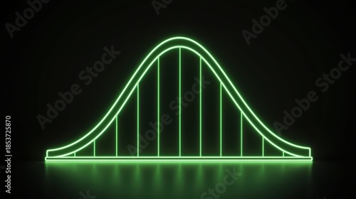 Green neon normal distribution bell curve Bright green neon bell curve glowing on a dark background, illustrating a normal distribution with vertical bars symbolizing statistics and probability