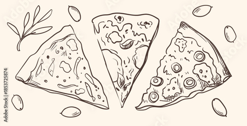 Hand-drawn pizza doodle sketches with slices, Italian food icons and elements. Vector illustration for menu design and culinary projects.