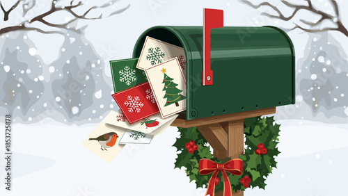 Mailbox with Christmas cards overflowing in winter wonderland  