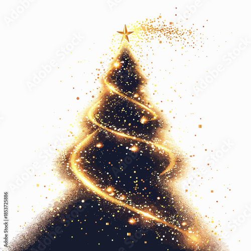 Golden Christmas Tree Vector with Sparkling Light Particles and Twinkling Star