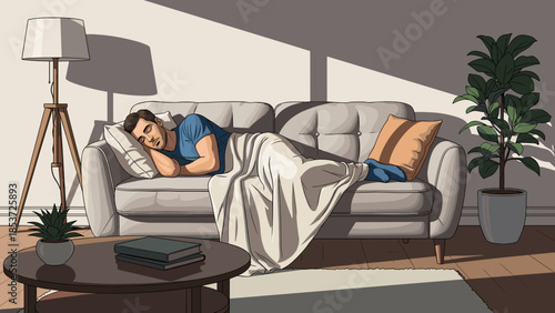 Man sleeping on couch covered with blanket in cozy living room  