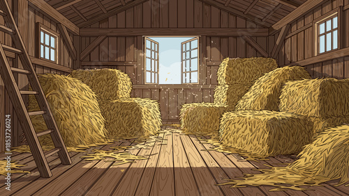 Barn loft with hay and open windows showing wooden interior  