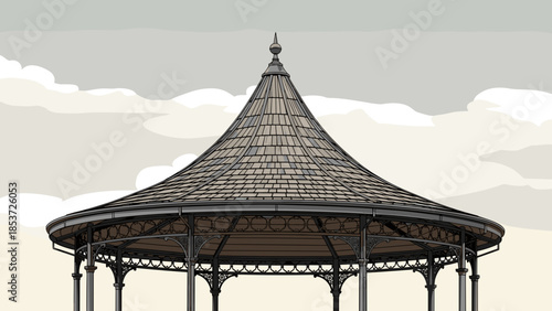 Circular pavilion roof illustration with detailed architectural design  