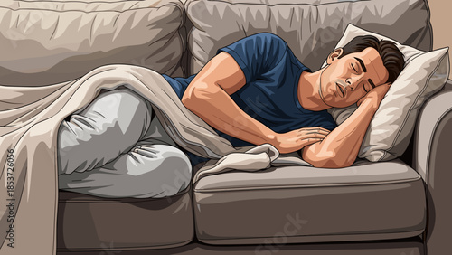 Man sleeping on couch in casual attire with blanket covering him  