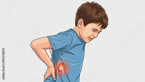 Boy experiencing kidney pain while holding his back in discomfort  