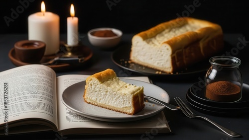 Wallpaper Mural Slice of creamy cheesecake served on a plate next to an open book, illuminated by candlelight in a dark, moody setting Torontodigital.ca