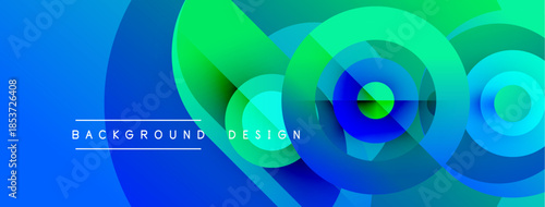 Abstract background features overlapping colorful circles. Gradient blends blue, green, turquoise creating dynamic visual effect. Text reads background design.