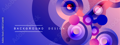 Abstract background features vibrant circles, curves, gradients. Modern design utilizes blue, purple, pink hues. Text reads background design.