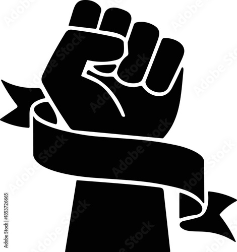 Power Fist Raised Up with Blank Banner Vector Icon: Solidarity, Protest, and Revolution Symbol | Customizable Graphic Element for Social Justice, Activism, and Human Rights Campaigns.