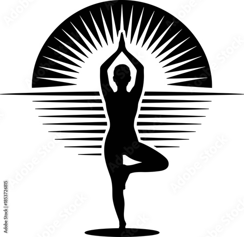 Iconic Yoga Tree Pose Silhouette Vector Logo Design: Zen Woman in Vrikshasana Meditation Against Stylized Sunrise Background for Wellness, Health, and Spiritual Balance Studio Branding.