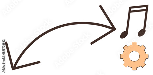 Arrows pointing between a cogwheel and musical notes show interaction between automation and sound. Ideal for creativity, innovation, music technology, workflows, sound engineering, system design