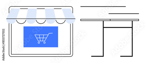 Online shopping, digital marketing, retail business, e-commerce platforms, consumer behavior, small businesses. Minimalist storefront with a shopping cart symbol. Online shopping and digital