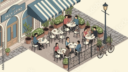 People Dining at Outdoor Cafe Tables.