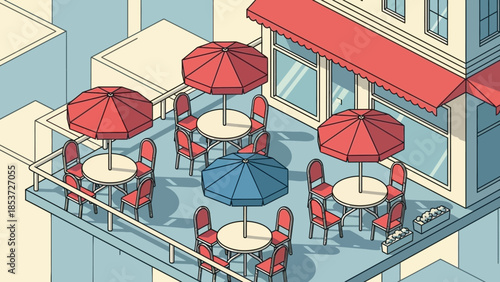 Outdoor Restaurant Patio with Umbrellas and Tables.