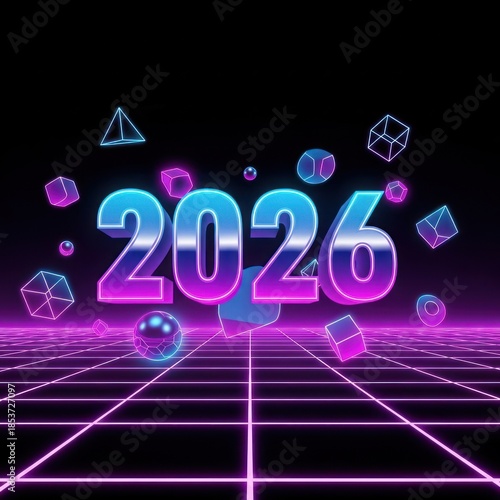 Vibrant Neon 2026 Futuristic Grid Scene in Retro Style.