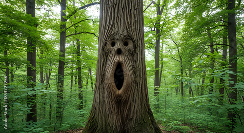 Spooky Screaming Face Pattern in Old Tree Trunk Bark in Deep Forest