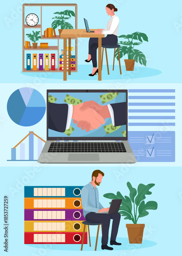 Business men shaking hands new deal money online conference office wear finance elements