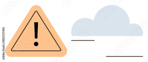 Exclamation mark inside orange warning triangle paired with a light blue cloud. Ideal for safety, weather alert, caution, risk, hazard, warning communication, problem-solving. Simple flat metaphor