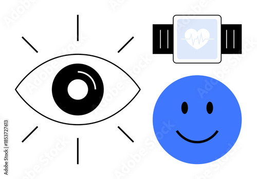 Health monitoring. Eye ation for vision care and awareness. Heart rate smartwatch for fitness tracking. Smile for well-being and positivity. For healthcare, fitness, tech, mental health, awareness