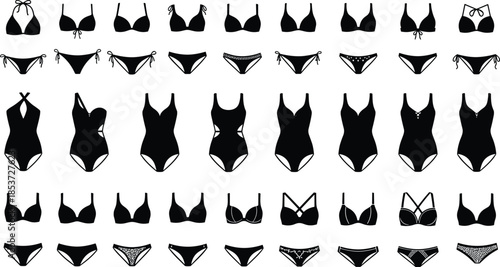 Black Women Swimwear Silhouette Icons Set, Bikini Underwear Lingerie Collection Vector, One Piece Swimsuit Female Fashion Apparel Elements for Design.