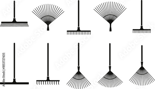 Garden Rake Silhouette Set, Black Gardening Tools Collection, Leaf Raking Equipment Icons, Vector Autumn Yard Work Maintenance Elements for Graphic Design.