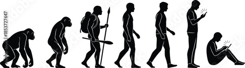 Human Evolution Theory Silhouette from Ape to Modern Man Using Smartphone, Progress of Mankind into Digital Age Lifestyle Vector Illustration.