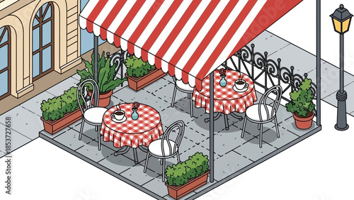 Outdoor Cafe with Red Striped Awning.