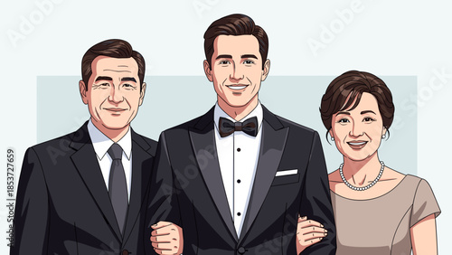 Groom with parents smiling together in a formal setting  