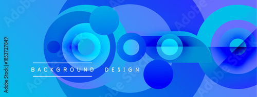 Abstract blue circles overlap creating dynamic background. Gradient shades provide depth, modern aesthetic. Text labels design elements.
