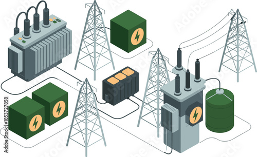 Isometric electrical power distribution system illustration, transformers substations transmission towers and control units, smart grid infrastructure, energy flow concept