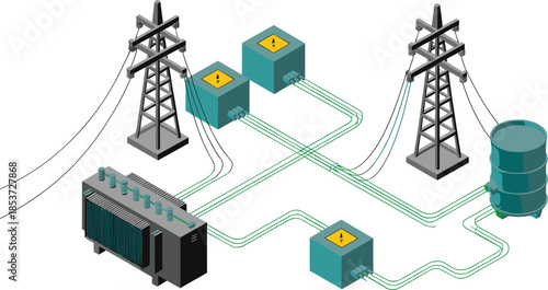 Isometric electrical power distribution system illustration, transformers substations transmission towers and control units, smart grid infrastructure, energy flow concept