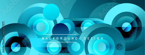 Abstract blue circles create dynamic background. Modern design features layered shapes, gradients, smooth transitions. Visually appealing composition.