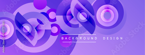 Abstract purple design features overlapping circles, gradients, dynamic composition. Modern aesthetic suitable for backgrounds, banners.