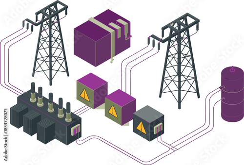Isometric electrical power distribution system illustration, transformers substations transmission towers and control units, smart grid infrastructure, energy flow concept