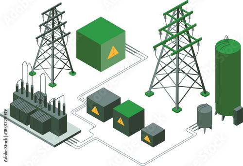 Isometric electrical power distribution system illustration, transformers substations transmission towers and control units, smart grid infrastructure, energy flow concept