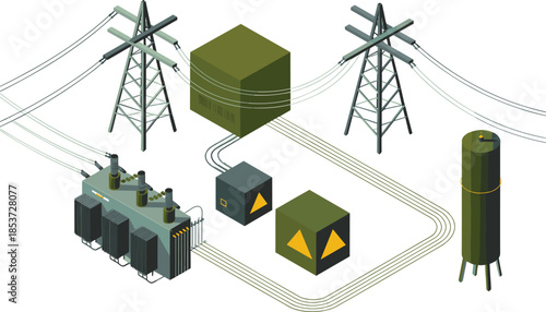 Isometric electrical power distribution system illustration, transformers substations transmission towers and control units, smart grid infrastructure, energy flow concept