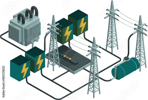 Isometric electrical power distribution system illustration, transformers substations transmission towers and control units, smart grid infrastructure, energy flow concept