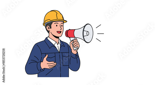 Construction site manager wearing blue uniform and yellow hard hat announcing important safety instructions through a megaphone.