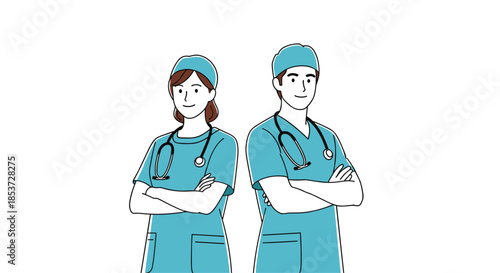 Professional medical team consisting of a man and woman in blue scrubs with stethoscopes standing with arms crossed confidently.