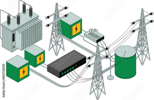 Isometric electrical power distribution system illustration, transformers substations transmission towers and control units, smart grid infrastructure, energy flow concept