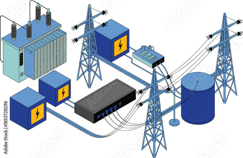 Isometric electrical power distribution system illustration, transformers substations transmission towers and control units, smart grid infrastructure, energy flow concept