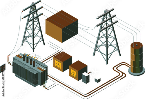 Isometric electrical power distribution system illustration, transformers substations transmission towers and control units, smart grid infrastructure, energy flow concept