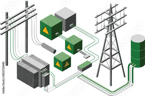 Isometric electrical power distribution system illustration, transformers substations transmission towers and control units, smart grid infrastructure, energy flow concept